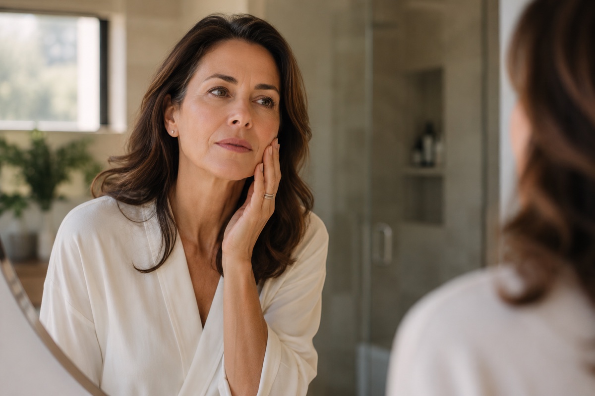 Femme se regardant dans un miroir, expression neutre et posée
